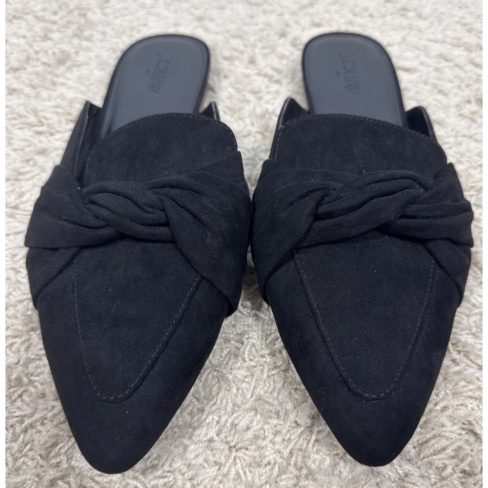J.Crew Pointed Toe Knotted Flat Black Faux Suede Mules Loafers Womens 10M Preppy